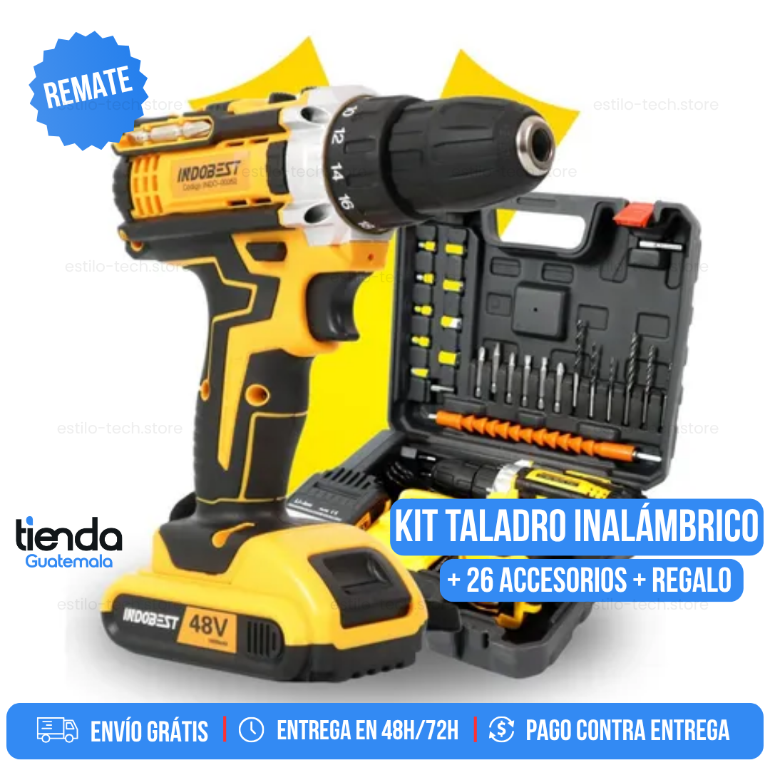 KIT TALADRO INALÁMBRICO ATORNILLADOR TT + 26 ACCESORIOS + 2 BATERIAS REGALO